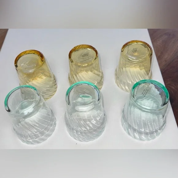 Set Of 6 ANTHROPOLOGIE Glasses 3 Green & 3 Amber Swirl Picnic Juice 3.75” EXC! - Picture 2 of 16
